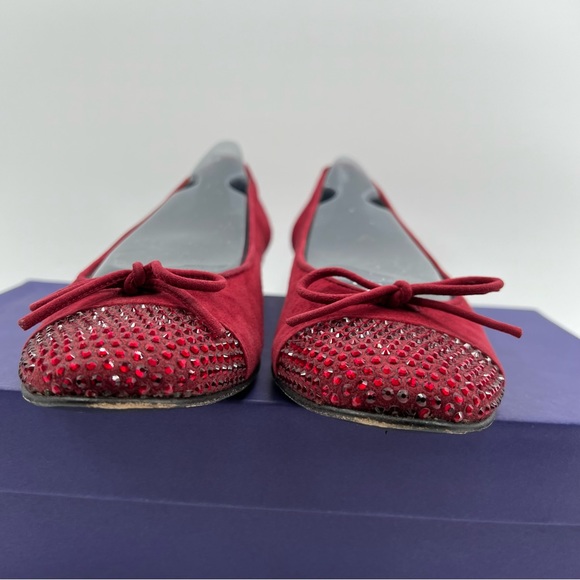 Stuart Weitzman Suede Ballet Flats Sz 8 N Scarlet Bow Rhinestone Bling Slipper - Picture 6 of 12